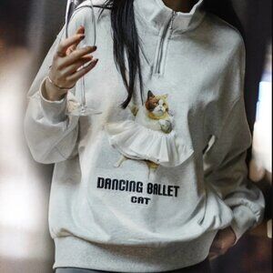 Maden Printed Cartoon Sweatshirts Loose Pullover Light Gray Sweatshirt Women (M)